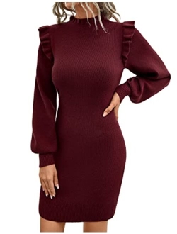 Womens Mini Sweater Dress Mock Neck Ruffle Long Puff Sleeve Ribbed Casual Bodycon Fall Dresses Winter Clothes