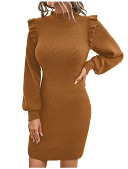 Womens Mini Sweater Dress Mock Neck Ruffle Long Puff Sleeve Ribbed Casual Bodycon Fall Dresses Winter Clothes