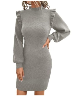 Womens Mini Sweater Dress Mock Neck Ruffle Long Puff Sleeve Ribbed Casual Bodycon Fall Dresses Winter Clothes