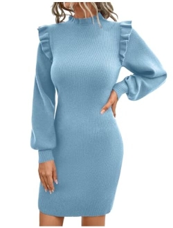 Womens Mini Sweater Dress Mock Neck Ruffle Long Puff Sleeve Ribbed Casual Bodycon Fall Dresses Winter Clothes