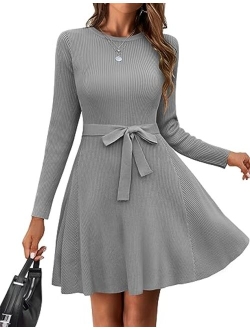 Women's Long Sleeve Sweater Dress Crewneck A-Line Swing Casual Dress Bodycon Ribbed Knit Dresses with Belt