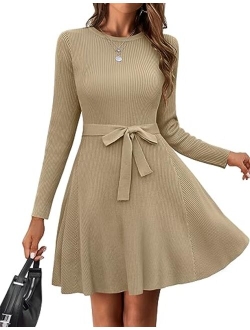 Women's Long Sleeve Sweater Dress Crewneck A-Line Swing Casual Dress Bodycon Ribbed Knit Dresses with Belt