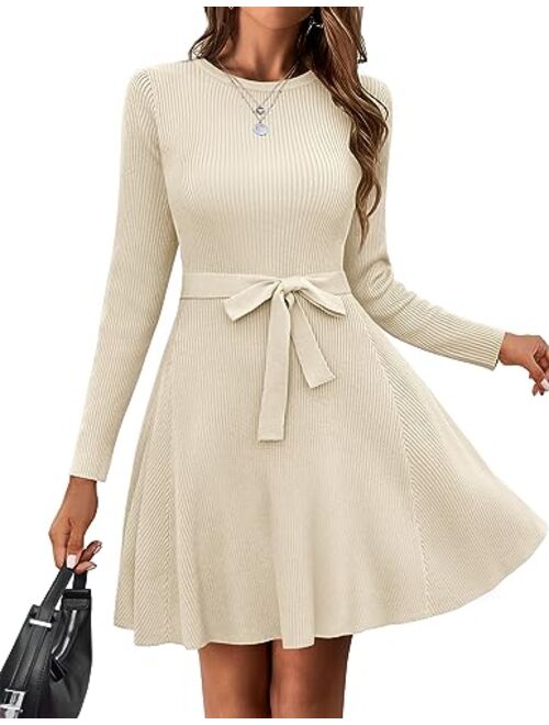 HOTOUCH Women's Long Sleeve Sweater Dress Crewneck A-Line Swing Casual Dress Bodycon Ribbed Knit Dresses with Belt