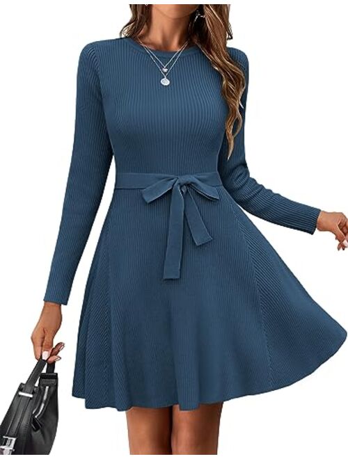 HOTOUCH Women's Long Sleeve Sweater Dress Crewneck A-Line Swing Casual Dress Bodycon Ribbed Knit Dresses with Belt