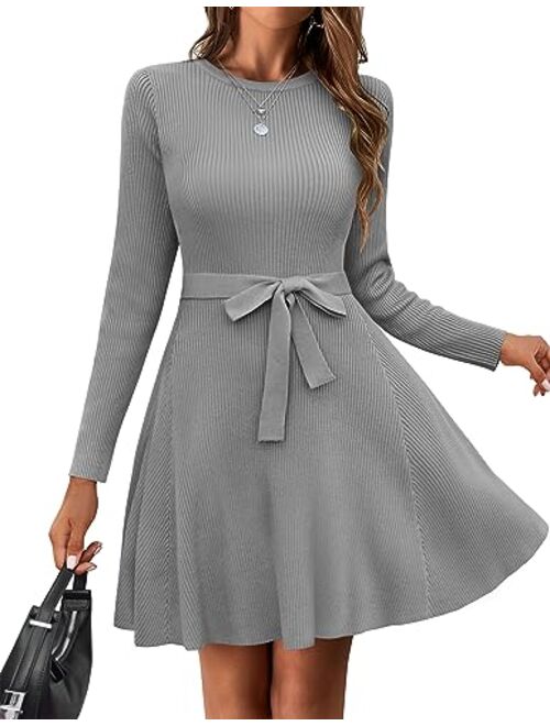 HOTOUCH Women's Long Sleeve Sweater Dress Crewneck A-Line Swing Casual Dress Bodycon Ribbed Knit Dresses with Belt