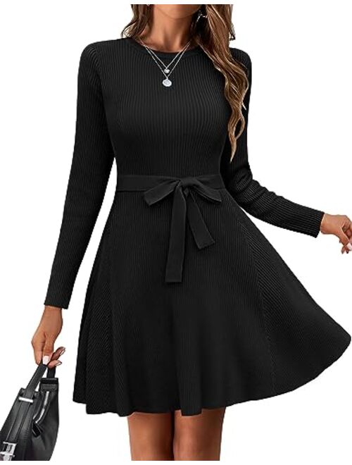 HOTOUCH Women's Long Sleeve Sweater Dress Crewneck A-Line Swing Casual Dress Bodycon Ribbed Knit Dresses with Belt