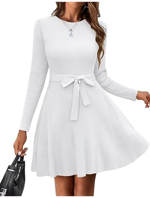 HOTOUCH Women's Long Sleeve Sweater Dress Crewneck A-Line Swing Casual Dress Bodycon Ribbed Knit Dresses with Belt