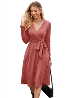 Newshows Women's 2023 Winter Sweater Dress Long Sleeve Spring V Neck Casual Ribbed Knit Belt Holiday Dresses with Pockets