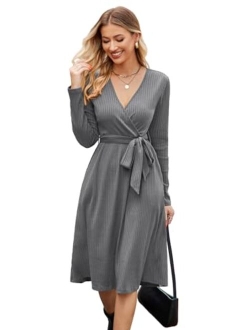 Newshows Women's 2023 Winter Sweater Dress Long Sleeve Spring V Neck Casual Ribbed Knit Belt Holiday Dresses with Pockets