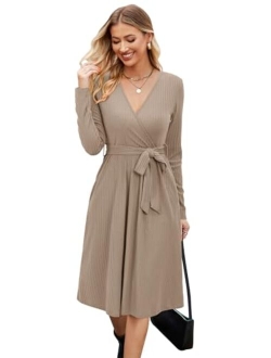 Newshows Women's 2023 Winter Sweater Dress Long Sleeve Spring V Neck Casual Ribbed Knit Belt Holiday Dresses with Pockets