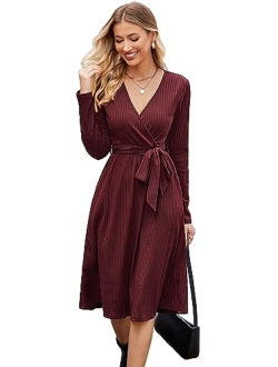 Newshows Women's 2023 Winter Sweater Dress Long Sleeve Spring V Neck Casual Ribbed Knit Belt Holiday Dresses with Pockets