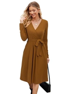 Newshows Women's 2023 Winter Sweater Dress Long Sleeve Spring V Neck Casual Ribbed Knit Belt Holiday Dresses with Pockets