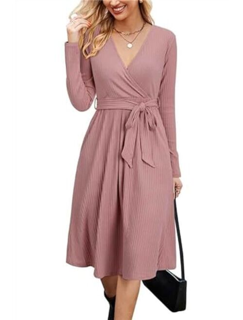 Newshows Women's 2023 Winter Sweater Dress Long Sleeve Spring V Neck Casual Ribbed Knit Belt Holiday Dresses with Pockets