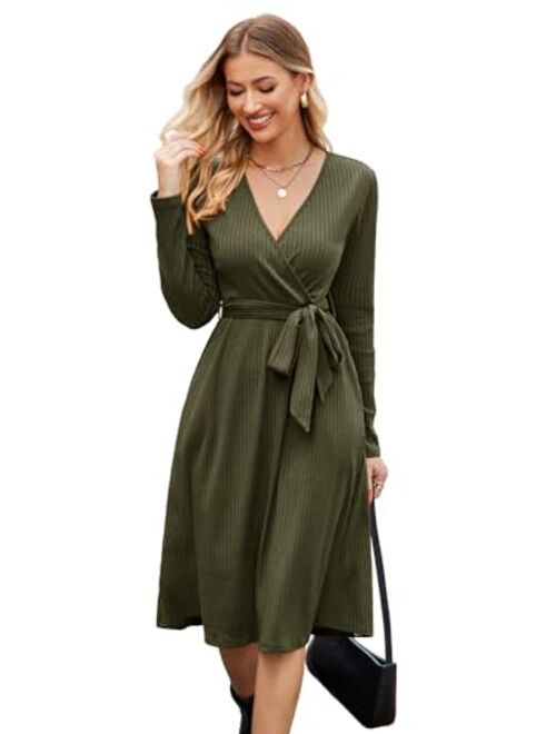 Newshows Women's 2023 Winter Sweater Dress Long Sleeve Spring V Neck Casual Ribbed Knit Belt Holiday Dresses with Pockets