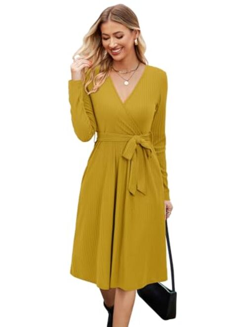 Newshows Women's 2023 Winter Sweater Dress Long Sleeve Spring V Neck Casual Ribbed Knit Belt Holiday Dresses with Pockets