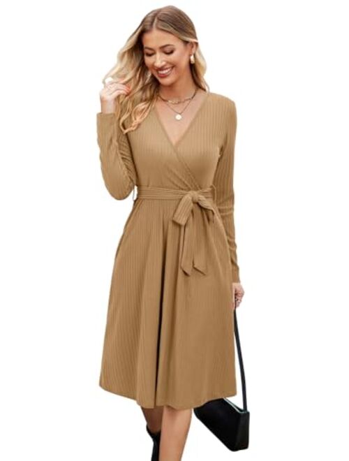 Newshows Women's 2023 Winter Sweater Dress Long Sleeve Spring V Neck Casual Ribbed Knit Belt Holiday Dresses with Pockets