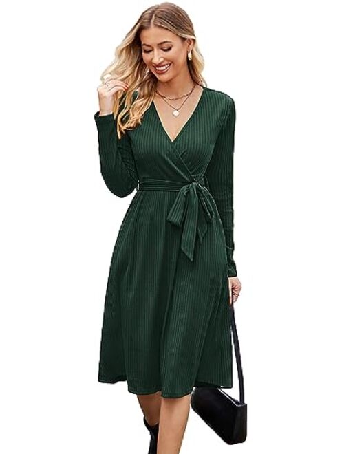 Newshows Women's 2023 Winter Sweater Dress Long Sleeve Spring V Neck Casual Ribbed Knit Belt Holiday Dresses with Pockets