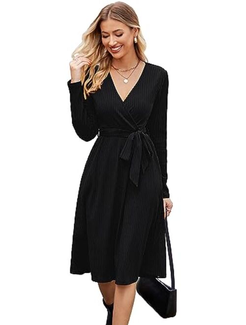 Newshows Women's 2023 Winter Sweater Dress Long Sleeve Spring V Neck Casual Ribbed Knit Belt Holiday Dresses with Pockets