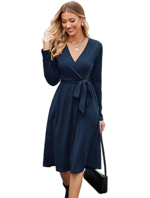 Newshows Women's 2023 Winter Sweater Dress Long Sleeve Spring V Neck Casual Ribbed Knit Belt Holiday Dresses with Pockets