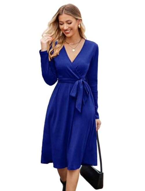 Newshows Women's 2023 Winter Sweater Dress Long Sleeve Spring V Neck Casual Ribbed Knit Belt Holiday Dresses with Pockets