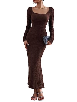 Women's 2023 Fall Maxi Bodycon Dress Long Sleeve Square Neck Long Fitted Mermaid Dresses