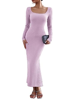 Women's 2023 Fall Maxi Bodycon Dress Long Sleeve Square Neck Long Fitted Mermaid Dresses