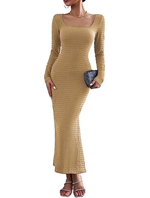 PRETTYGARDEN Women's 2023 Fall Maxi Bodycon Dress Long Sleeve Square Neck Long Fitted Mermaid Dresses