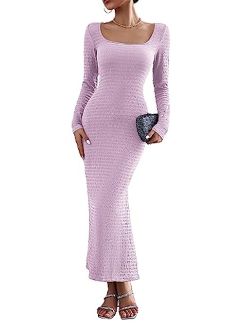 PRETTYGARDEN Women's 2023 Fall Maxi Bodycon Dress Long Sleeve Square Neck Long Fitted Mermaid Dresses