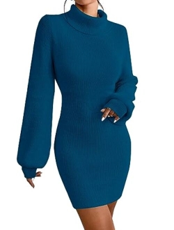 Xisoxu Turtleneck Sweater Dress for Women Lantern Sleeve Bodycon Pullover Mini Sweater Dress Stretchable Elasticity Slim