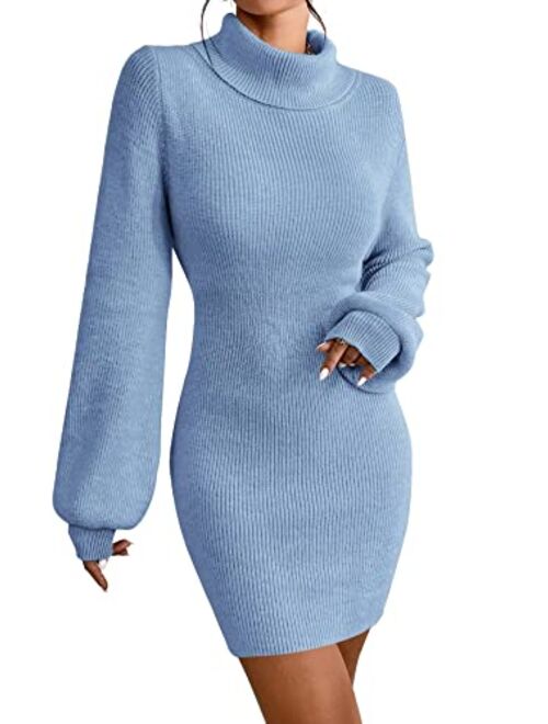 Xisoxu Turtleneck Sweater Dress for Women Lantern Sleeve Bodycon Pullover Mini Sweater Dress Stretchable Elasticity Slim