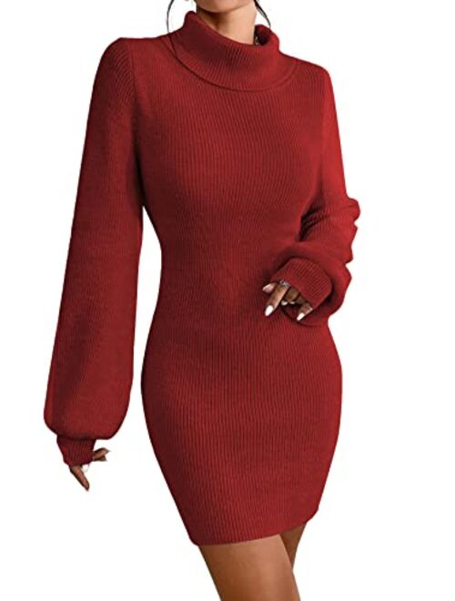 Xisoxu Turtleneck Sweater Dress for Women Lantern Sleeve Bodycon Pullover Mini Sweater Dress Stretchable Elasticity Slim