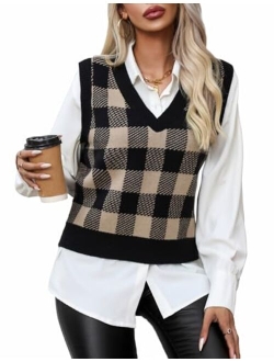 GAMISS Women's Sweater Vest V-Neck Plaid Pattern Sweater Sleeveless Tank Top Plaid Knitted Vest Pullover