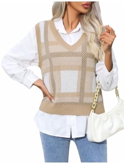 GAMISS Women's Sweater Vest V-Neck Plaid Pattern Sweater Sleeveless Tank Top Plaid Knitted Vest Pullover