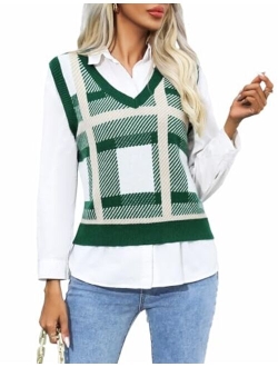 GAMISS Women's Sweater Vest V-Neck Plaid Pattern Sweater Sleeveless Tank Top Plaid Knitted Vest Pullover