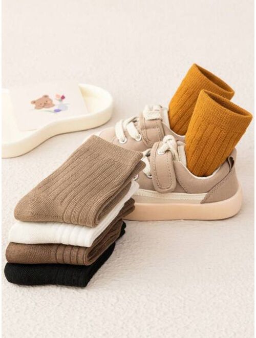 Shein 5 Pairs Children's Socks (mid-calf Length) In Coffee Tone: Dark Brown, Light Coffee, Milk Tea, And Orange With Black And White; Fashionable Vintage Style, Suitable 