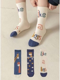 Shein 3 Pairs Of Cute Giraffe Polka Dot Letter Fashion Mid-Calf Socks For Boys And Girls In Autumn And Winter