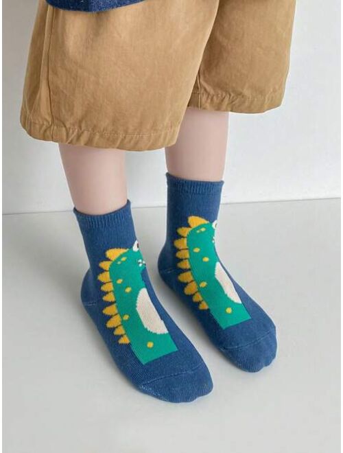 Shein 5pairs/set Boys' Cartoon Dinosaur Mid-calf Socks Suitable For Everyday Wear, All Seasons