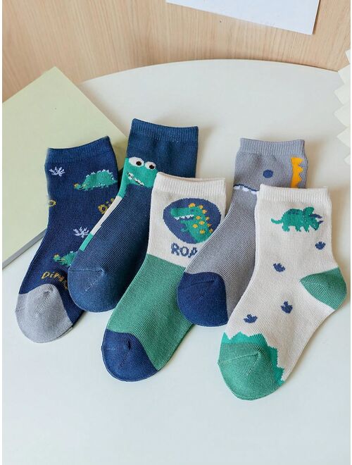 Shein 5pairs/set Boys' Cartoon Dinosaur Mid-calf Socks Suitable For Everyday Wear, All Seasons