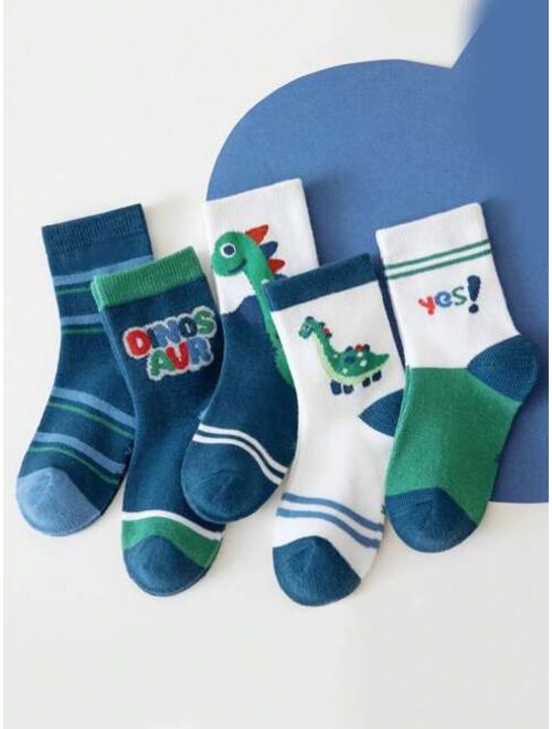 Shein 5pairs/set Boys' Cartoon Dinosaur Mid-calf Socks Suitable For Everyday Wear, All Seasons