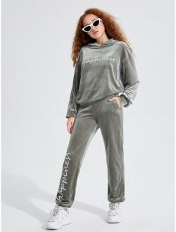 Teen Girls Letter Embroidery Drop Shoulder Velvet Hoodie & Sweatpants