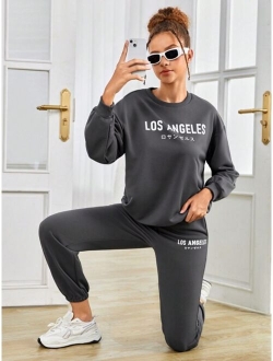 Teen Girl Letter Graphic Drop Shoulder Pullover & Sweatpants