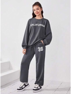 Teen Girl Letter Graphic Drop Shoulder Pullover & Sweatpants