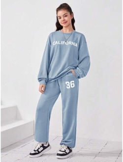 Teen Girl Letter Graphic Drop Shoulder Pullover & Sweatpants