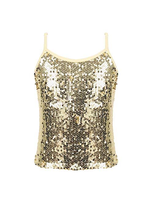 JEATHA Kids Girls Shiny Sequins Sleeveless Tank Top Stage Performance Camisole Shirts Dancewear