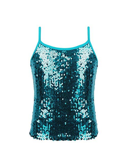 JEATHA Kids Girls Shiny Sequins Sleeveless Tank Top Stage Performance Camisole Shirts Dancewear