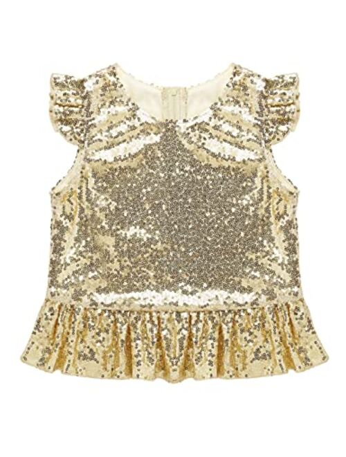 TiaoBug Girls Sparkle Sequins Dance Crop Tops Sleeveless Round Neck Camisole Tank Tops Cheer Jazz Performance Vest Shirt