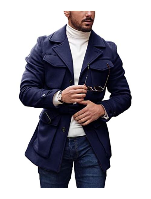 Pretifeel Mens Trench Coat Slim Fit Wool Blends Business Lapel Belted Overcoat Winter Casual Peacoat Jacket