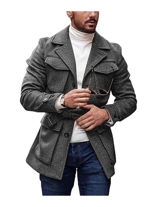 Pretifeel Mens Trench Coat Slim Fit Wool Blends Business Lapel Belted Overcoat Winter Casual Peacoat Jacket