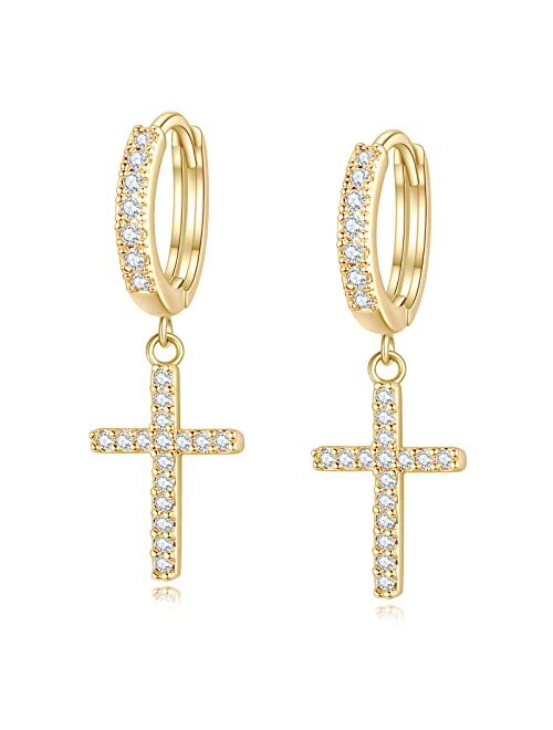 Me&Hz 14K Gold Plated Drop Dangle Cross Hoop Earrings Trendy Gold Cross Earrings for Women Girls Small CZ Huggie Hoops Dangling Diamond Cross Earrings for Men Hypoallerge