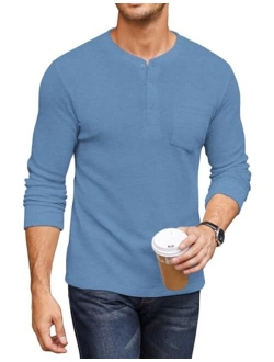 Men's Henley Shirts Long Sleeve Basic Waffle Pique Pullover T-Shirt with Pocket